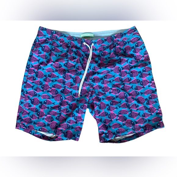 Bonobos Swim Shorts Lined Trunks Men’s XL Blue Pink Fish Print Bright Preppy - Picture 1 of 7
